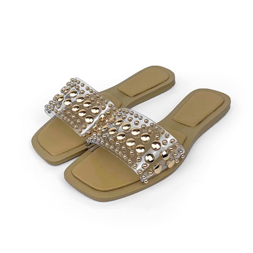 Exquisite metal embellishment women's flat slippers