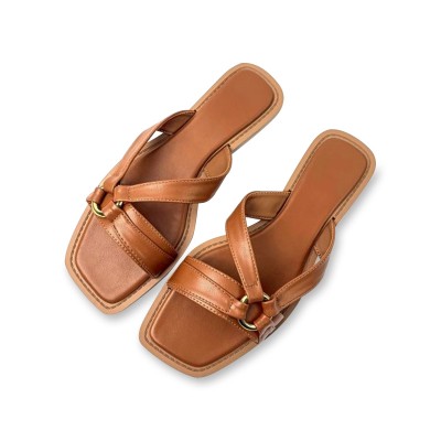 Women's square toe buckle decorated flat slippers