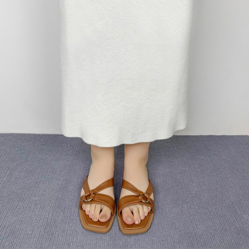 Women's square toe buckle decorated flat slippers