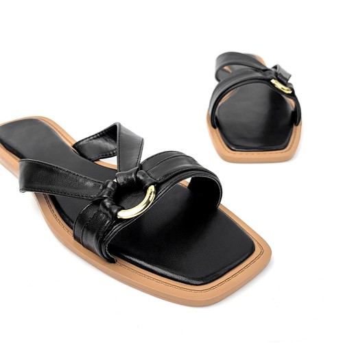 Women's square toe buckle decorated flat slippers
