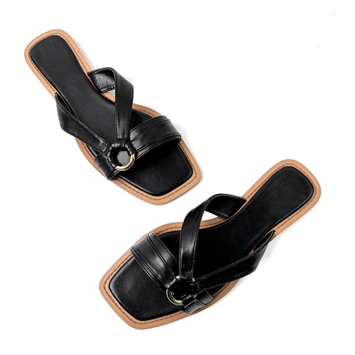 Women's square toe buckle decorated flat slippers
