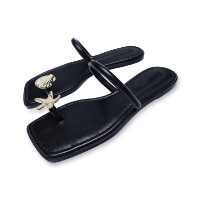 Black non-slip square toe women's flip-flops