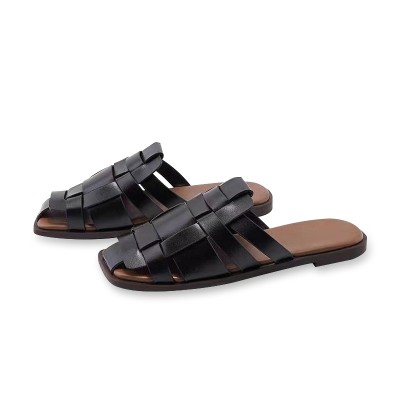 Women's leather braided toe-toe flat slippers