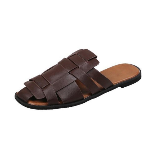 Women's leather braided toe-toe flat slippers