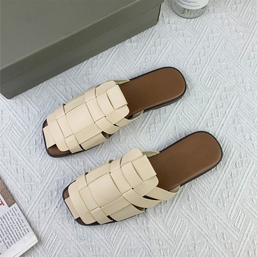 Women's leather braided toe-toe flat slippers