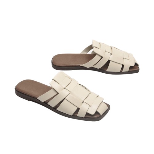 Women's leather braided toe-toe flat slippers
