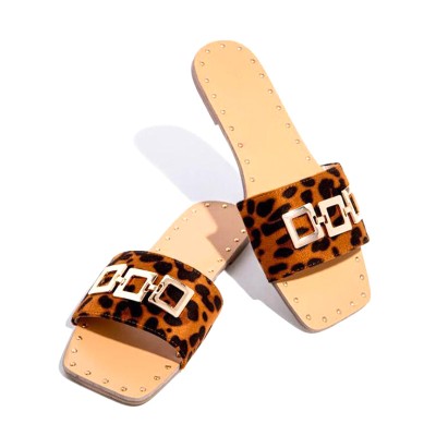 Women's square toe metal buckle flat slippers