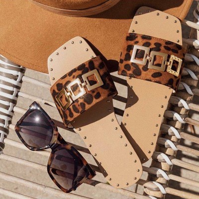 Women's square toe metal buckle flat slippers
