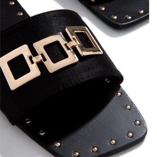 Women's square toe metal buckle flat slippers