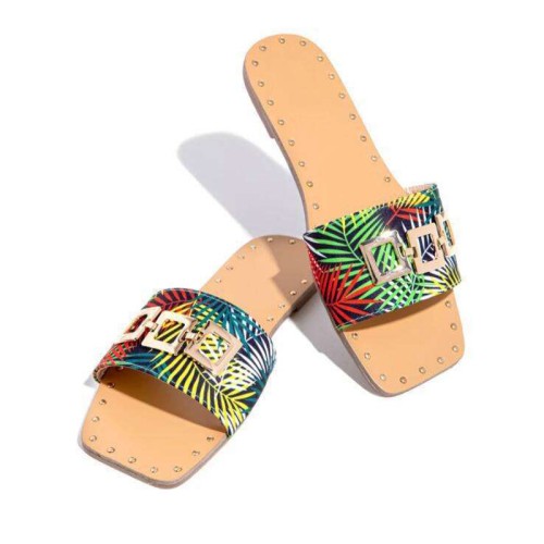 Women's square toe metal buckle flat slippers