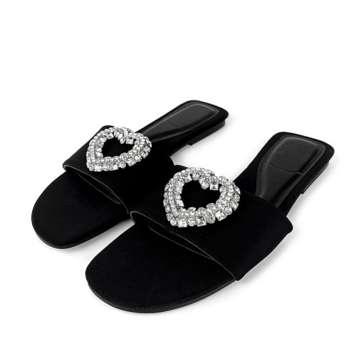 Black rhinestone embellished women's flat slippers