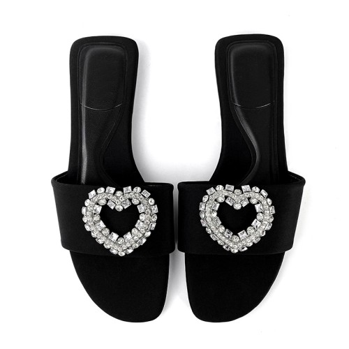Black rhinestone embellished women's flat slippers
