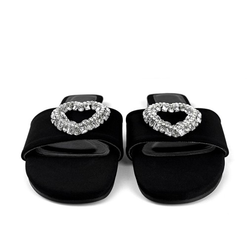 Black rhinestone embellished women's flat slippers