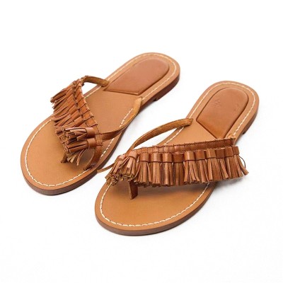 Women's flat thong slippers with fine tassels