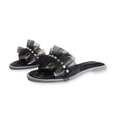 Women's flat slippers with pearl mesh embellishment