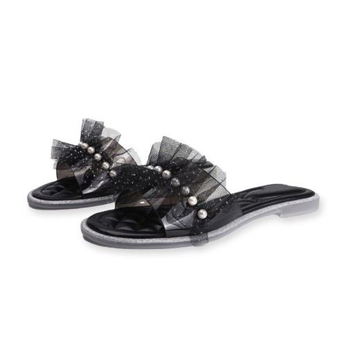 Women's flat slippers with pearl mesh embellishment
