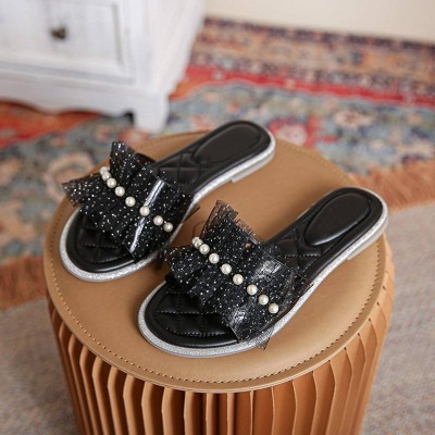 Women's flat slippers with pearl mesh embellishment