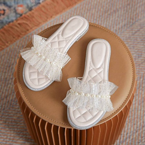 Women's flat slippers with pearl mesh embellishment
