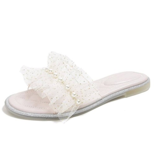 Women's flat slippers with pearl mesh embellishment