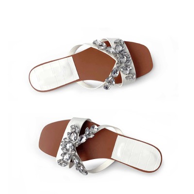 Summer rhinestone embellished women's flat slippers