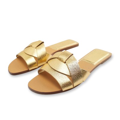 Gold braided leather women's flat slippers