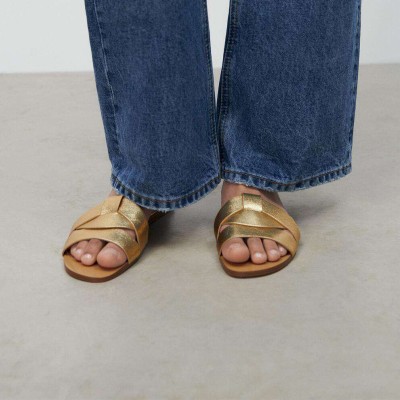 Gold braided leather women's flat slippers