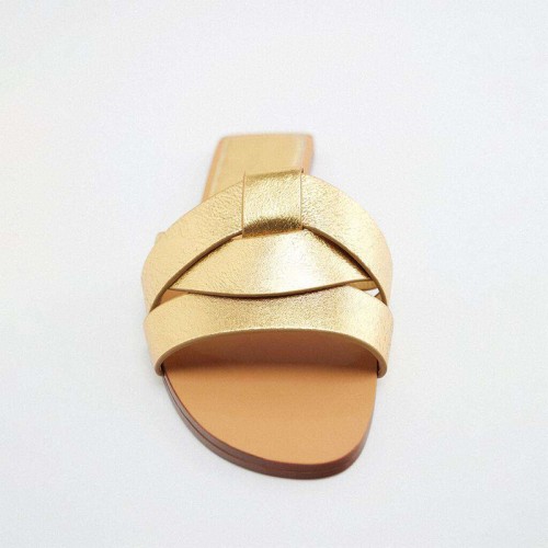 Gold braided leather women's flat slippers