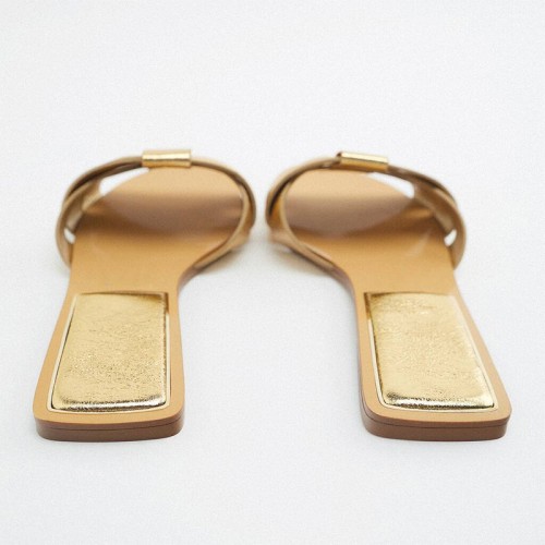 Gold braided leather women's flat slippers