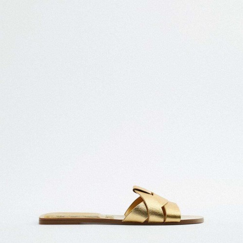 Gold braided leather women's flat slippers
