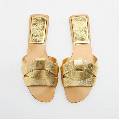 Gold braided leather women's flat slippers