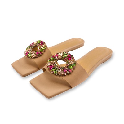 Luxury rhinestone square toe ladies flat slippers