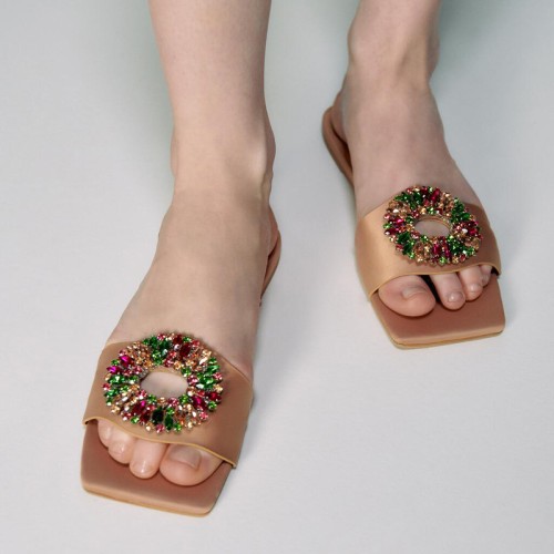 Luxury rhinestone square toe ladies flat slippers