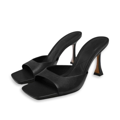 Square-toe leather high-heeled open slippers