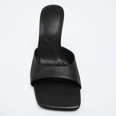 Square-toe leather high-heeled open slippers