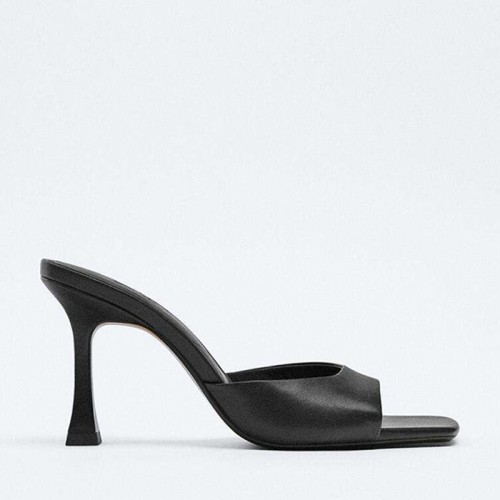Square-toe leather high-heeled open slippers