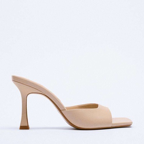 Square-toe leather high-heeled open slippers