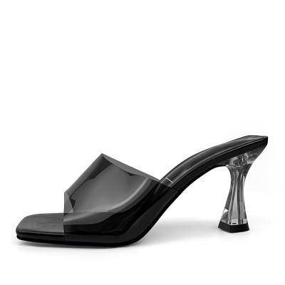 Square toe transparent design high heel open slippers