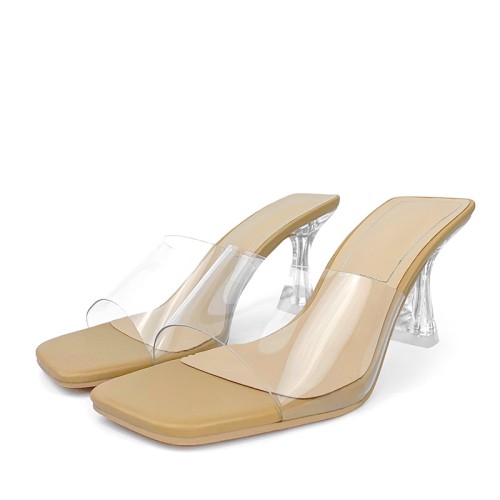 Square toe transparent design high heel open slippers