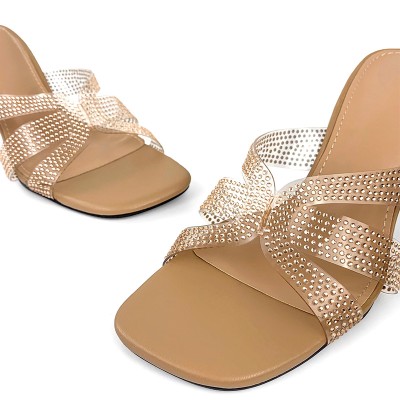 Transparent strap rhinestone high-heeled open slippers