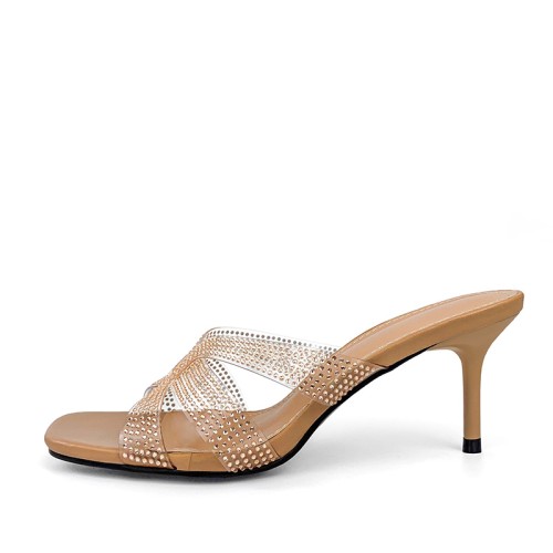 Transparent strap rhinestone high-heeled open slippers