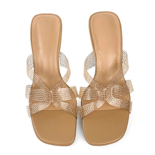 Transparent strap rhinestone high-heeled open slippers