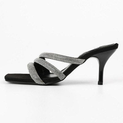 Exquisite black rhinestone high-heeled open slippers