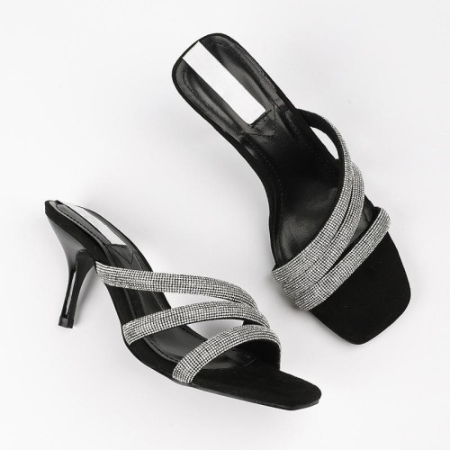 Exquisite black rhinestone high-heeled open slippers
