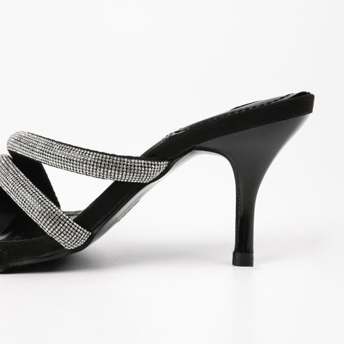 Exquisite black rhinestone high-heeled open slippers