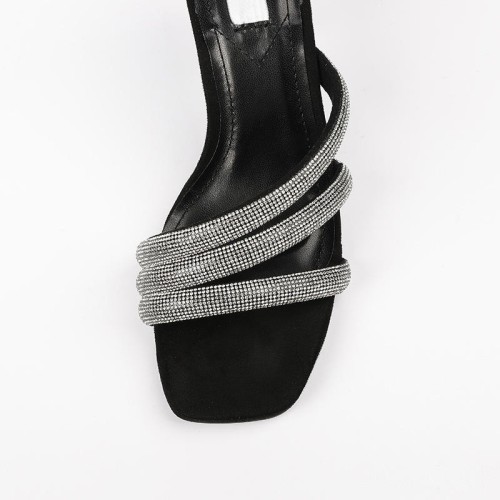 Exquisite black rhinestone high-heeled open slippers