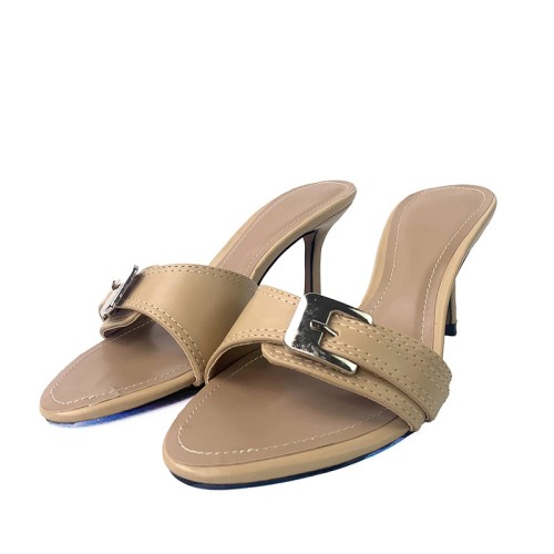 High-heeled open slippers with buckle design