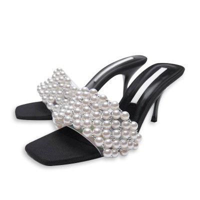 Pearl-embellished black high-heeled open slippers