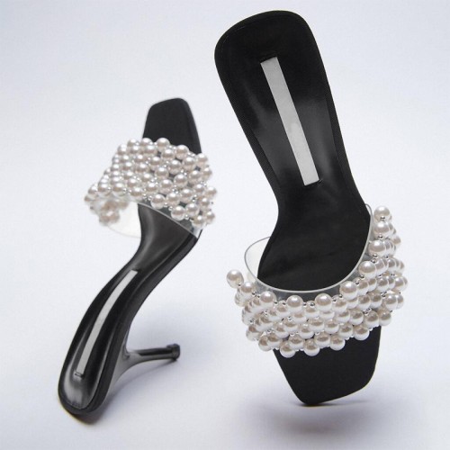 Pearl-embellished black high-heeled open slippers