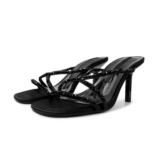 Rhinestone cross strap high heel open slippers