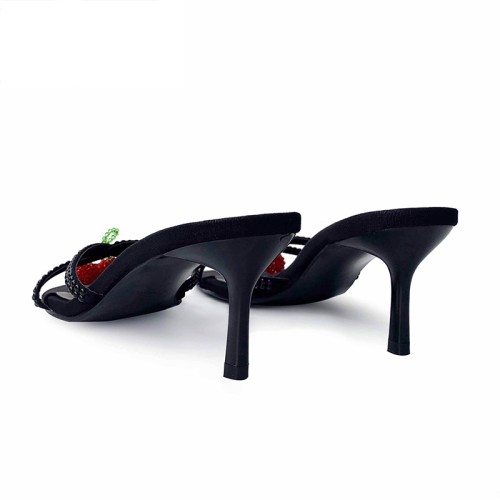 Sexy black narrow strap high heel open slippers